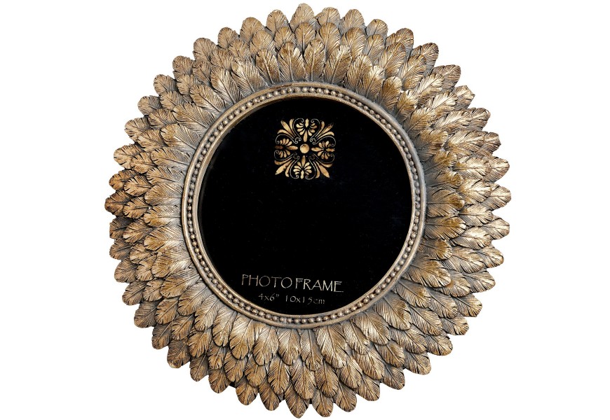 Dizajnový štýlový rám na fotografie Sunflower v starožitnej zlatej farbe s rámom s motívom pierok v troch vrstvách a čiernou zadnou stranou so stojanom