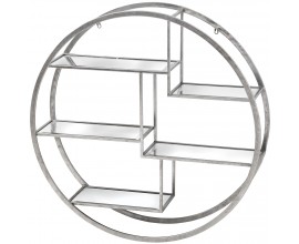 Moderná art deco nástenná závesná polica Circle s piatimi zrkadlovými doskami v obdĺžnikovom tvare s kovovou konštrukciou v striebornej farbe