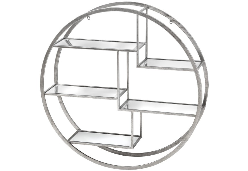 Moderná art deco nástenná závesná polica Circle s piatimi zrkadlovými doskami v obdĺžnikovom tvare s kovovou konštrukciou v striebornej farbe