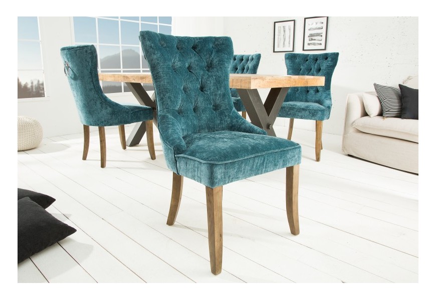 Jedinečná Chesterfield zamatová stolička Torino v petrolejovej farbe