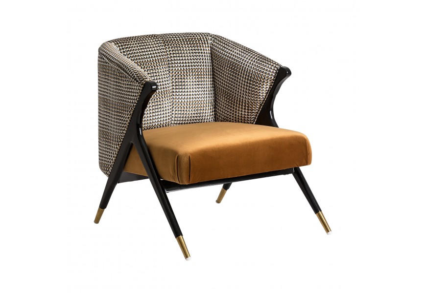 Glamour luxusne čalúnené kreslo Brilon v hnedožltom zamatovom poťahu so vzorom a tmavými nohami z dreva