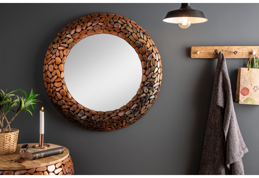 Art-deco okrúhle nástenné zrkadlo Riverstone medenej farby z kovu s mozaikovým vzorom 82cm