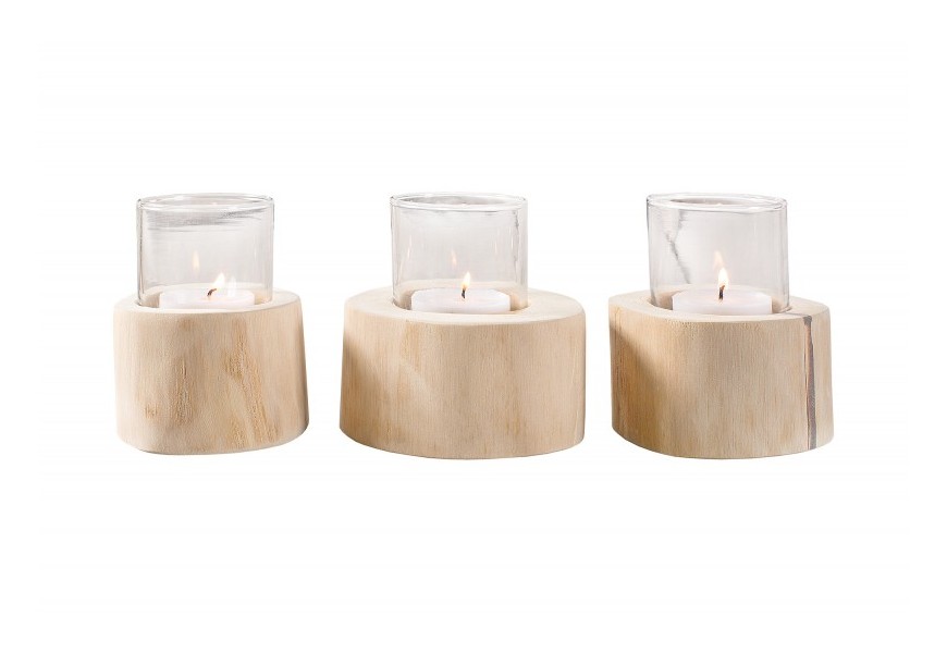 Etno set troch okrúhlych teakových svietnikov Solaro v svetlo hnedej farbe s matným povrchom a sklenenou ochranou 14 cm