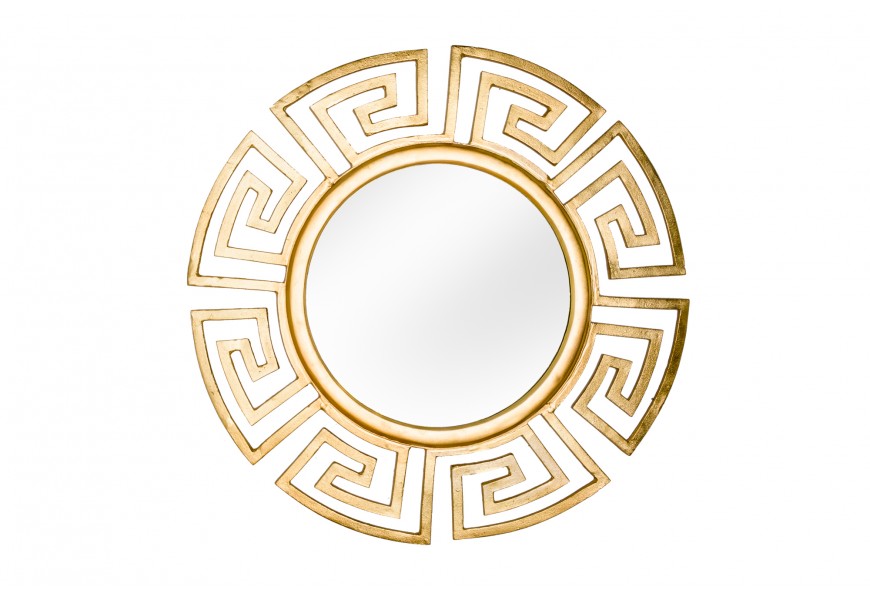 Art deco okrúhle nástenné zrkadlo Euphoria so zlatým kovovým rámom s geometrickým vzorom a hladkým lesklým povrchom 85 cm