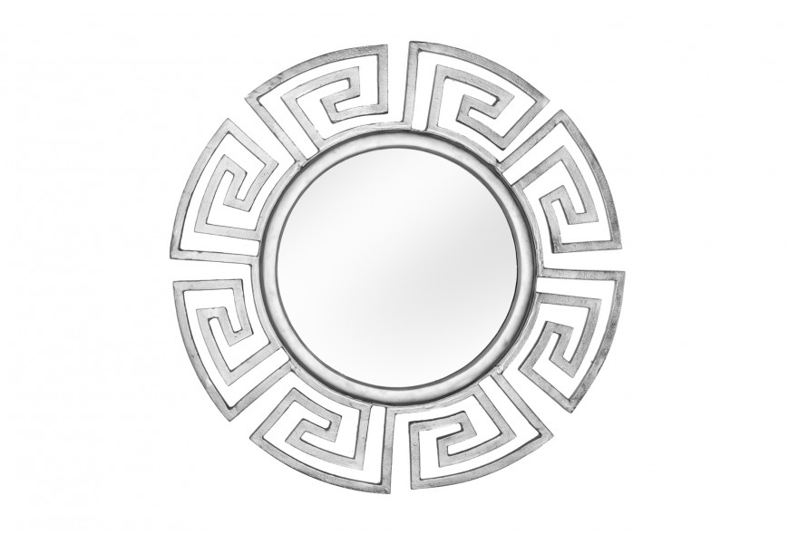 Art deco nástenné zrkadlo Euphoria v okrúhlom tvare so strieborným kovovým rámom s výrazným geometrickým gréckym meander vzorom a lesklým povrchom