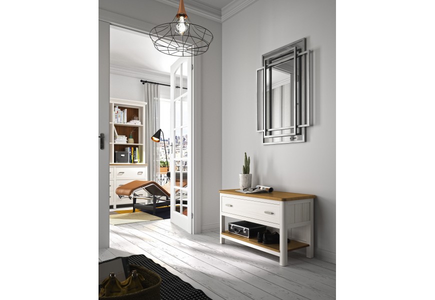 Luxusný moderný masívny biely botník Cerdena s obdĺžnikovou lavicou v hnedej farbe so širokou zásuvkou s kovovými úchytkami a policou s hranatými nohami zo zaobleným predným rohom