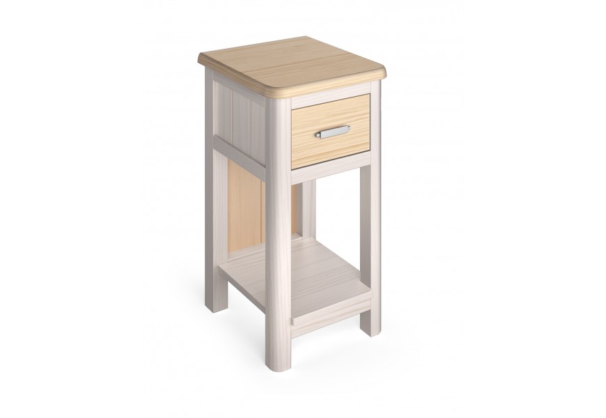 Luxusný masívny štvorcový nočný stolík Cerdena s jednou zásuvkou s kovovou úchytkou a otvorenou spodnou policou s dlhými nožičkami v svetlej hnedej a bielej farbe