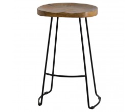 Masívna barová stolička Franklin s kovovou podstavou v čiernej farbe s ergonomicky tvarovaným dreveným sedadlom v naturálnej hnedej farbe bez bočných a chrbtovej opierky