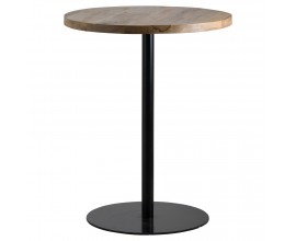 Masívny industriálny barový stôl Franklin s masívnou okrúhlou vrchnou doskou v hnedej farbe s kovovou čiernou nohou s okrúhlou podstavou