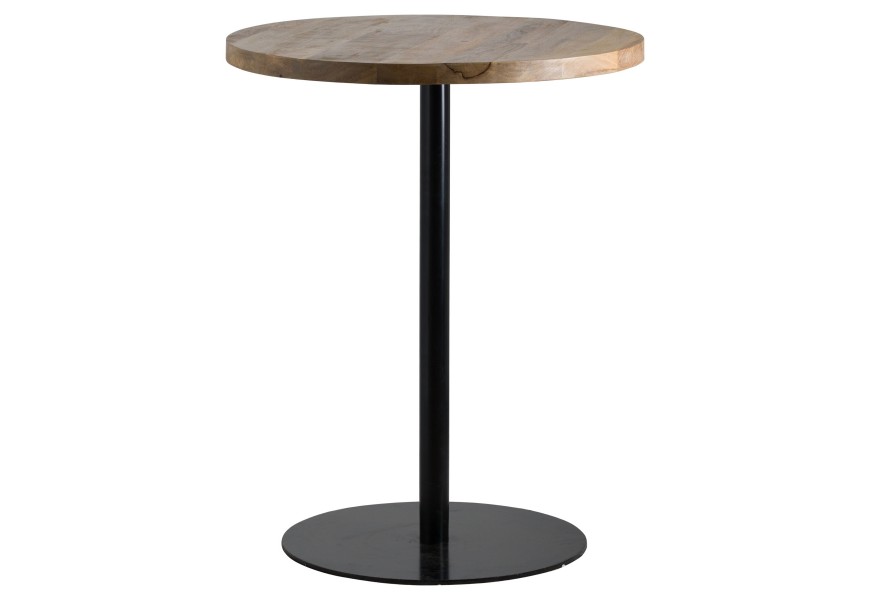 Masívny industriálny barový stôl Franklin s masívnou okrúhlou vrchnou doskou v hnedej farbe s kovovou čiernou nohou s okrúhlou podstavou