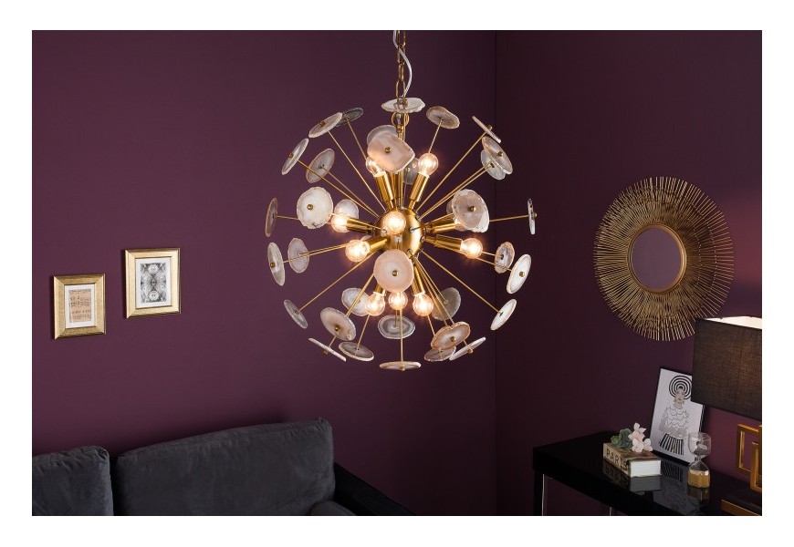 Jedinečný art-deco závesný luster v tvare gule s polodrahokamom achátom