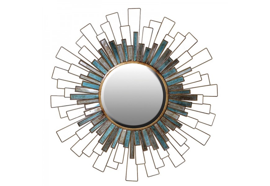 Art deco závesné zrkadlo Satordi s kovovou zlatou konštrukciou a sklenenými lúčmi v odtieňoch modrej a sivej so vzhľadom slnka