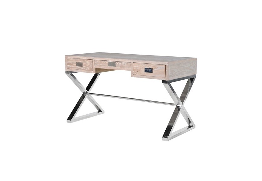 Art-deco pracovný stôl s drevenou doskou a chrómovými nohami