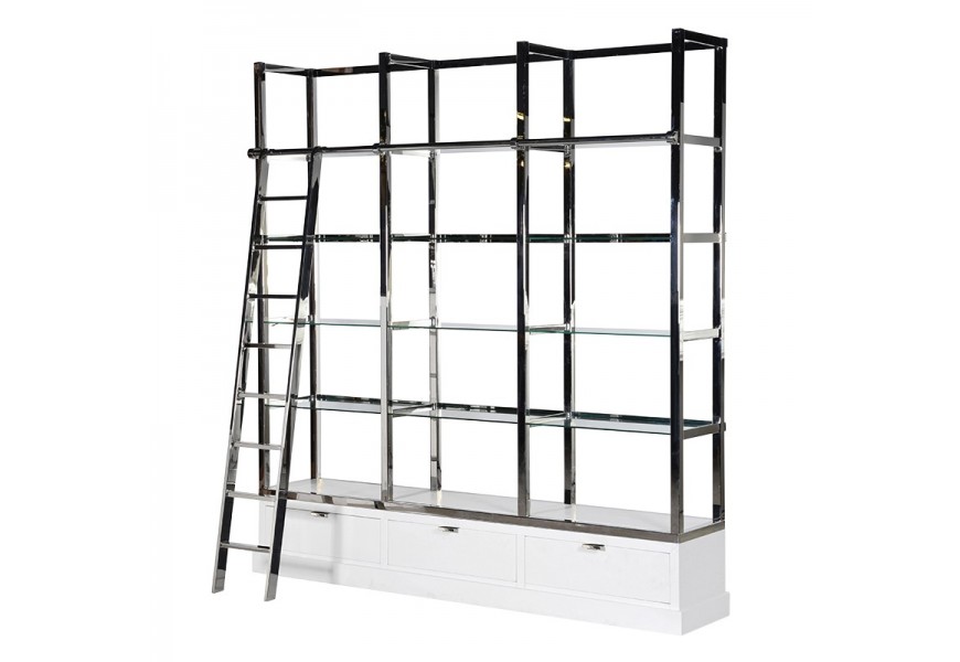 Moderná biela knižnica Art-deco Wielton blanc s rebríkom