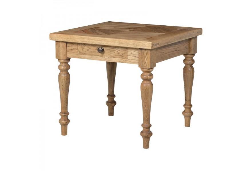 Dizajnový drevený príručný stolík so zásuvkou v rustikálnom štýle v hnedej farbe