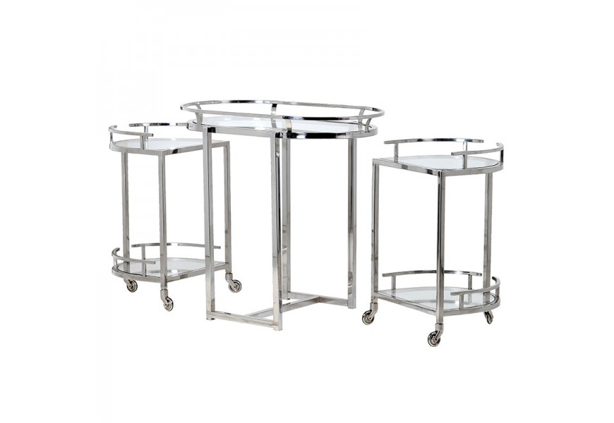 Art-deco luxusný set piatich sklenených príručných stolíkov s kolieskami Virginie chrómový