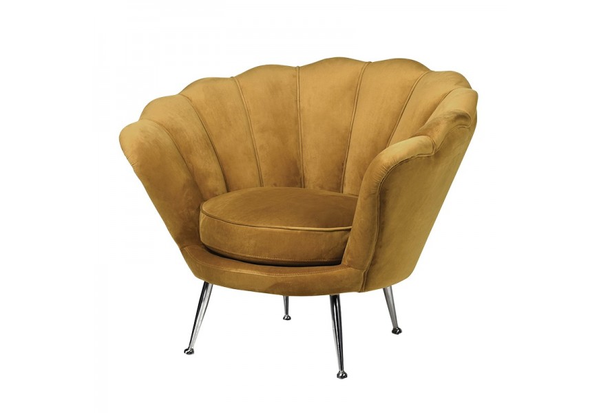 Art-Deco kreslo s horčicovým čalúnením a chrómovými nožičkami