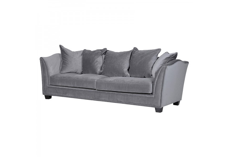 Exkluzívna sivá čalúnená Art-Deco sedačka s piatimi vankúšmi na opretie chrbta