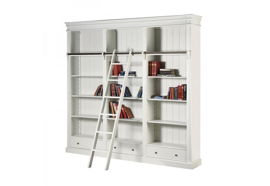 Luxusná provensálska knižnica Amarante biela s posuvným rebríkom a tromi zásuvkami