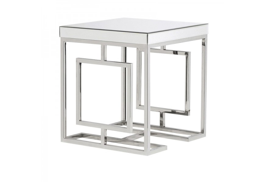 Zrkadlový art-deco príručný stolík Ismay štvorcového tvaru biely