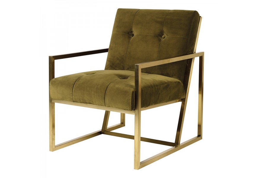 Luxusné art-deco kreslo olivovej farby so zlatou opornou konštrukciou Janina