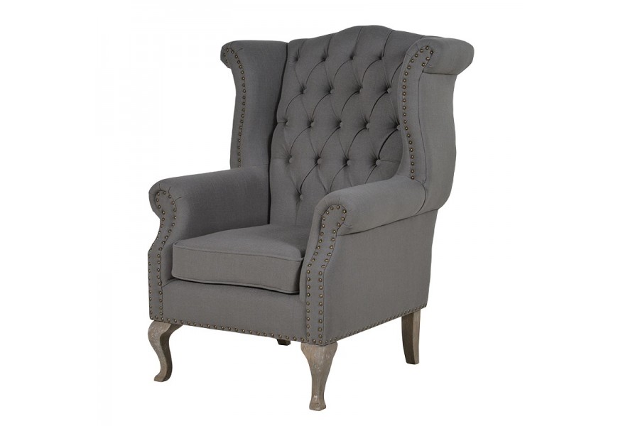 Luxusné šedé vysoké chesterfield kreslo ušiak Karlotta šedé s opierkami