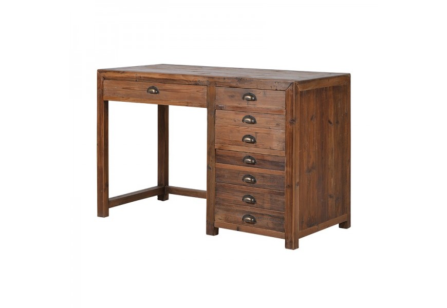Rustikálny písací stôl z borovicového dreva so zásuvkami v hnedom prevedení