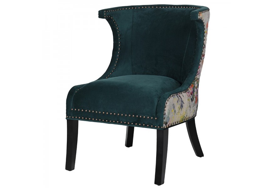 Modern&eacute; kreslo Pruitt vo vintage &scaron;t&yacute;le so zelen&yacute;m poťahom a kvetov&yacute;m dizajnom 91cm