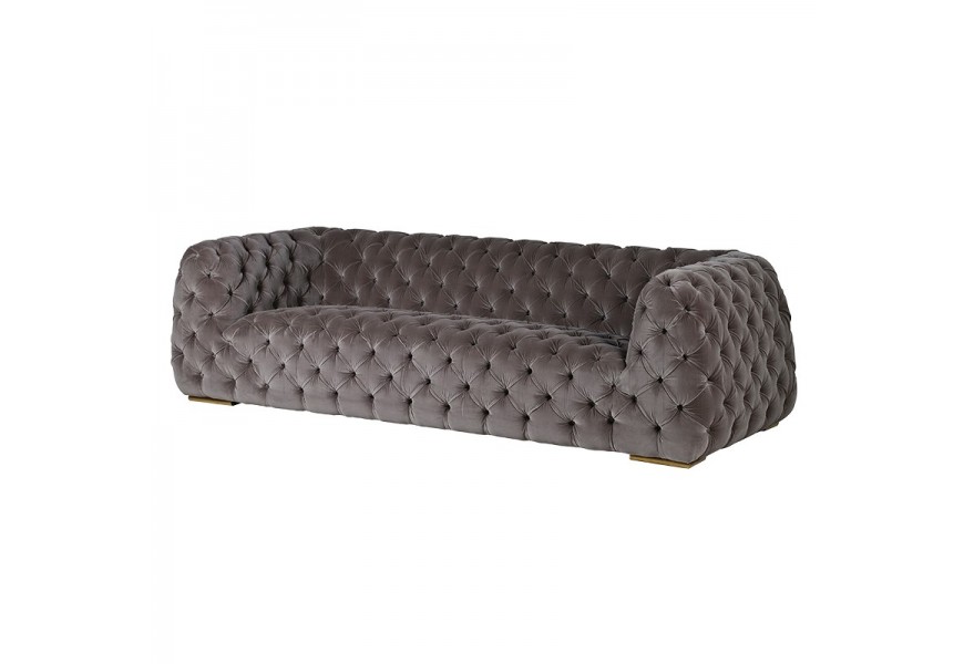 Elegantná šedá art-deco luxusná sedačka Nouvel s gombíkmi 250 cm a nožičky v zlatej farbe