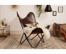 Industriálne luxusné kreslo Butterfly hnedé z pravej kože a kovu