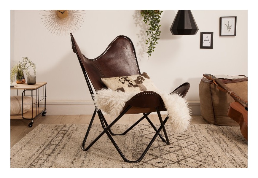 Luxusné elegantné kreslo Ezra hnedé z pravej kože a kovu