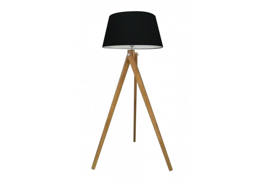 Štýlová stojaca lampa Linus v retro štýle v čiernom prevedení s drevenými masívnymi nohami