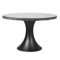 Dizajnový kruhový konferenčný stolík Lucienne zo skla s koženým efektom sivej farby a čiernym kuželovitým podstavcom