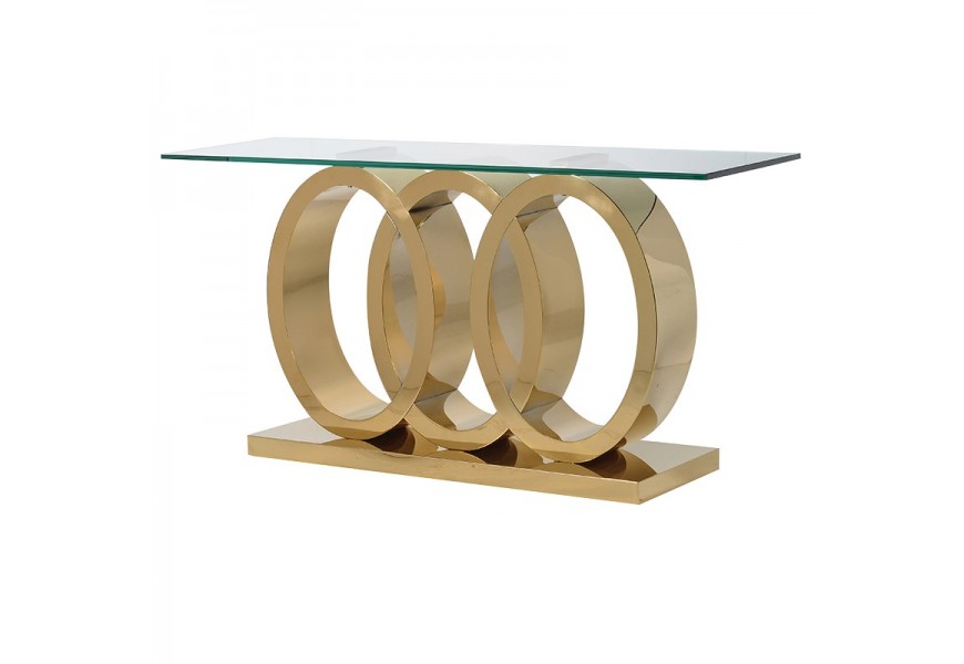 Dizajnová moderná konzola sklenená s kovovou konštrukciou s tromi kruhmi zlatej farby