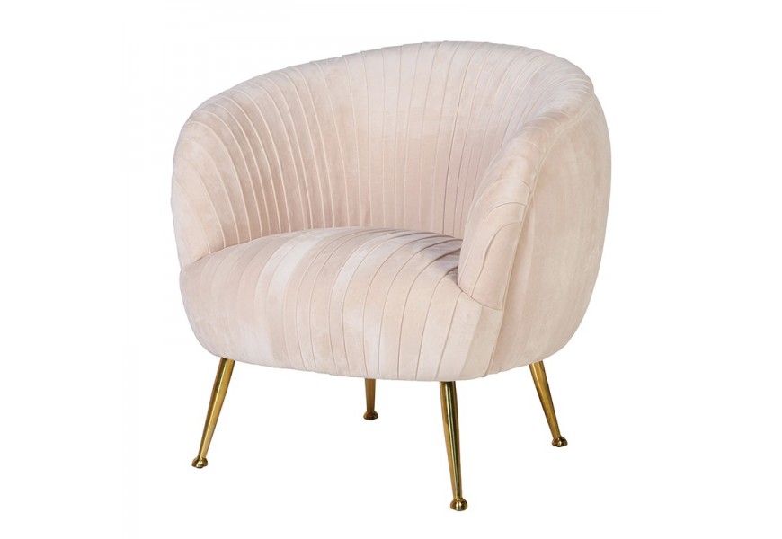 Štýlové art-deco kreslo Viviane zo zamatu smotanovo-ružovej farby a zlatými nohami