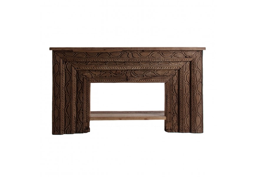 Exkluzívna ručne vyrezávaná orientálna konzola Tureto z recyklovaného dreva tmavohnedej farby