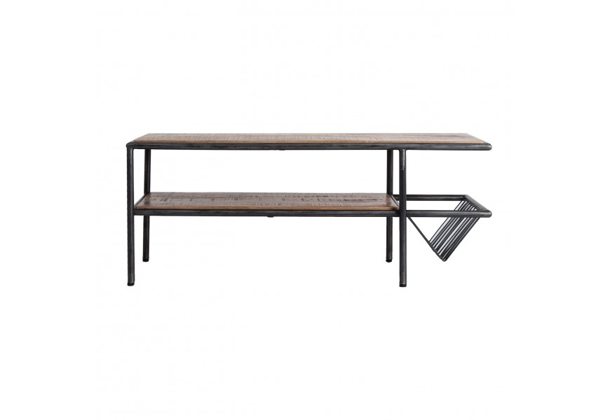 Industriálny obdĺžnikový konferenčný stolík Aminte mango z masívneho dreva s kovovými nožičkami 120 cm