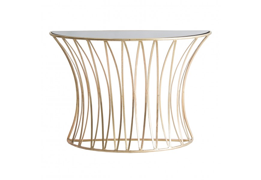 Luxusný elegantný art-deco konferenčný stolík Basey sklenený s kovovou konštrukciou zlatej farby s čiernou doskou