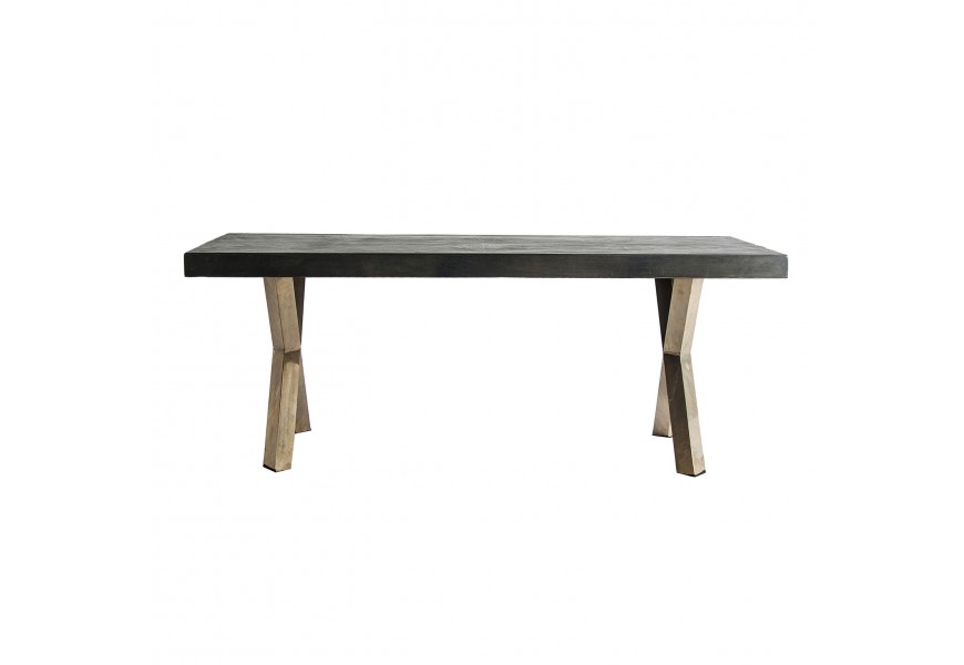 Štýlový art-deco jedálenský stôl Ciaro v sivo-zlatej farbe, so železnými nohami a doskou z brestového dreva