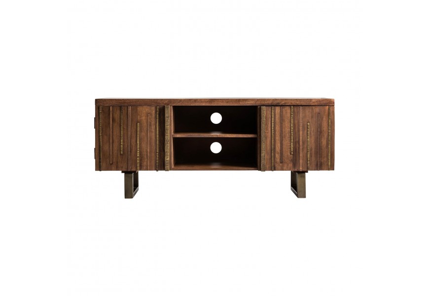 Štýlový moderný TV stolík Domitilla z mangového masívu, s poličkami na zlatej kovovej konštrukcii