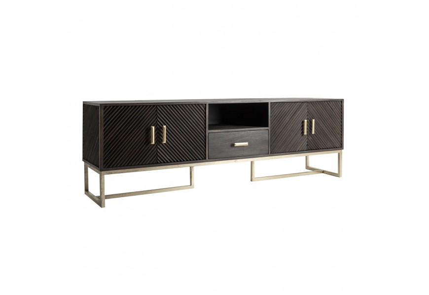 Tmavohnedý art-deco TV stolík Catia z masívneho dreva 200 cm so zásuvkou a štyrmi dvierkami