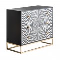 Komoda art-deco Caderina s tromi zásuvkami so vzorom zo zvieracích kostí čierno-biela so zlatou rukoväťou a podstavcom