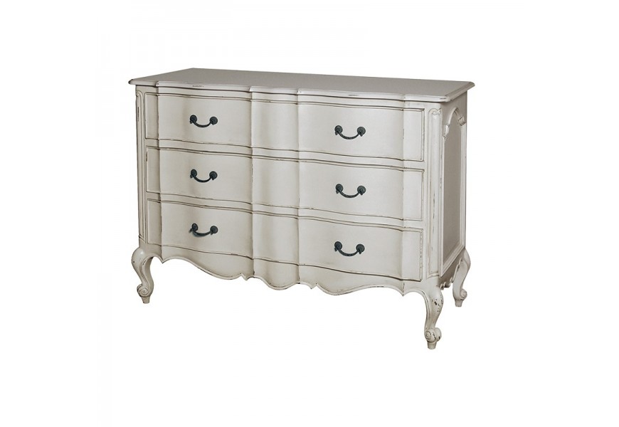 Dizajnová komoda Portofino vo vidieckom štýle v krémovej farbe, s tromi zásuvkami a na štyroch tvarovaných nožičkách