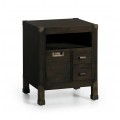 Luxusný nočný stolík M-Industrial v čiernej farbe z masívneho dreva mindi, so zásuvkami a s kovovými industriálnymi prvkami