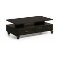 Luxusný konferenčný stolík M-Industrial z masívneho dreva mindi v čiernej farbe, so zásuvkami a poličkami na kolieskach