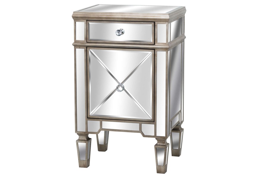 Zrkadlový nočný stolík s dvierkami a zásuvkou v medenej farbe 80 cm