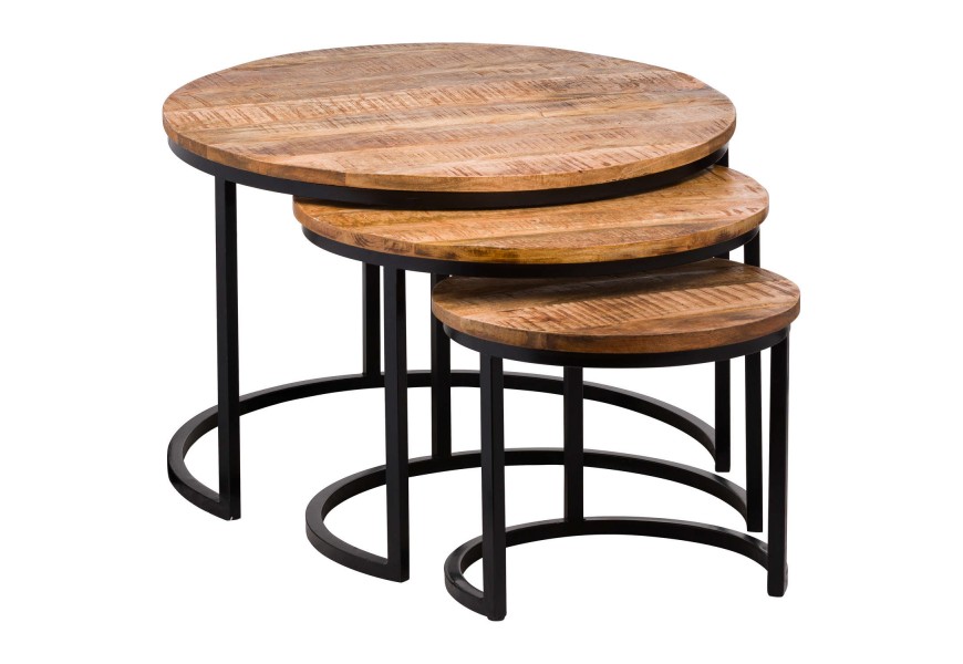 Moderný set troch okrúhlych industriálnych konferenčných stolíkov Durano II z dreva a kovu v hnedej a čiernej farbe