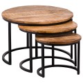 Moderný set troch okrúhlych industriálnych konferenčných stolíkov Durano II z dreva a kovu v hnedej a čiernej farbe