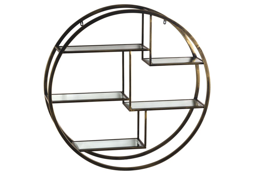 Dizajnová art-deco polica Gina kruhového tvaru s piatimi sklenenými poličkami a s mosadznou kovovou konštrukciou