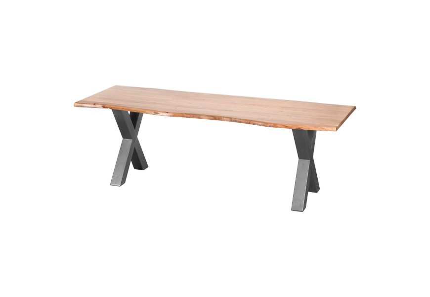 Masívny jedálenský stôl Live Edge z agátového dreva prírodnej hnedej farby a s kovovými nohami v sivej farbe
